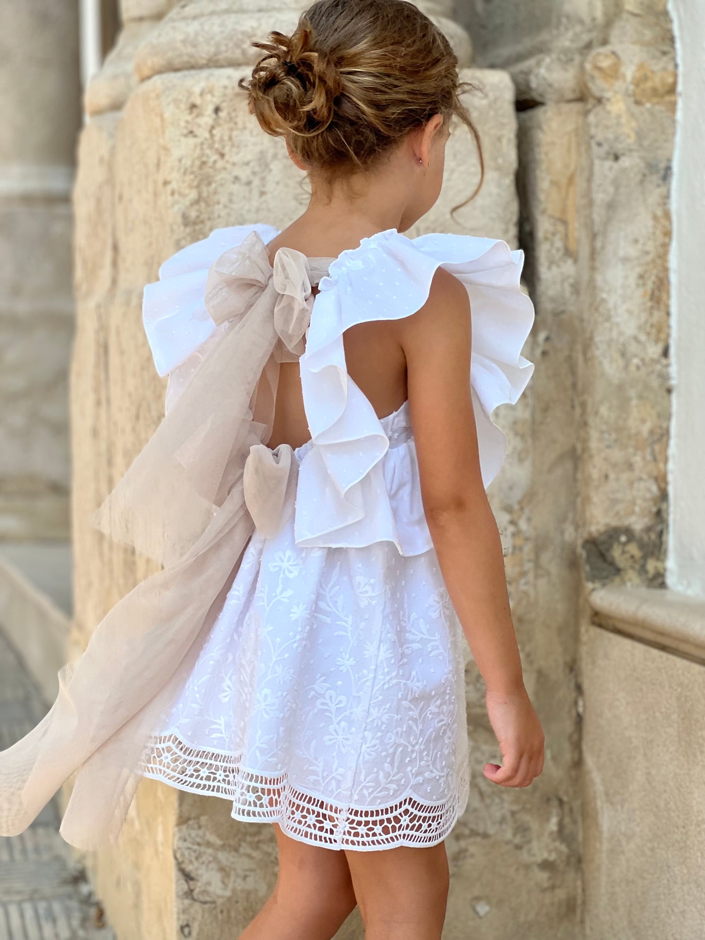 Eyelet Sue Camel Bow Dress