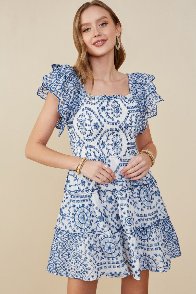 Eyelet Ruffle Sleeves Dress