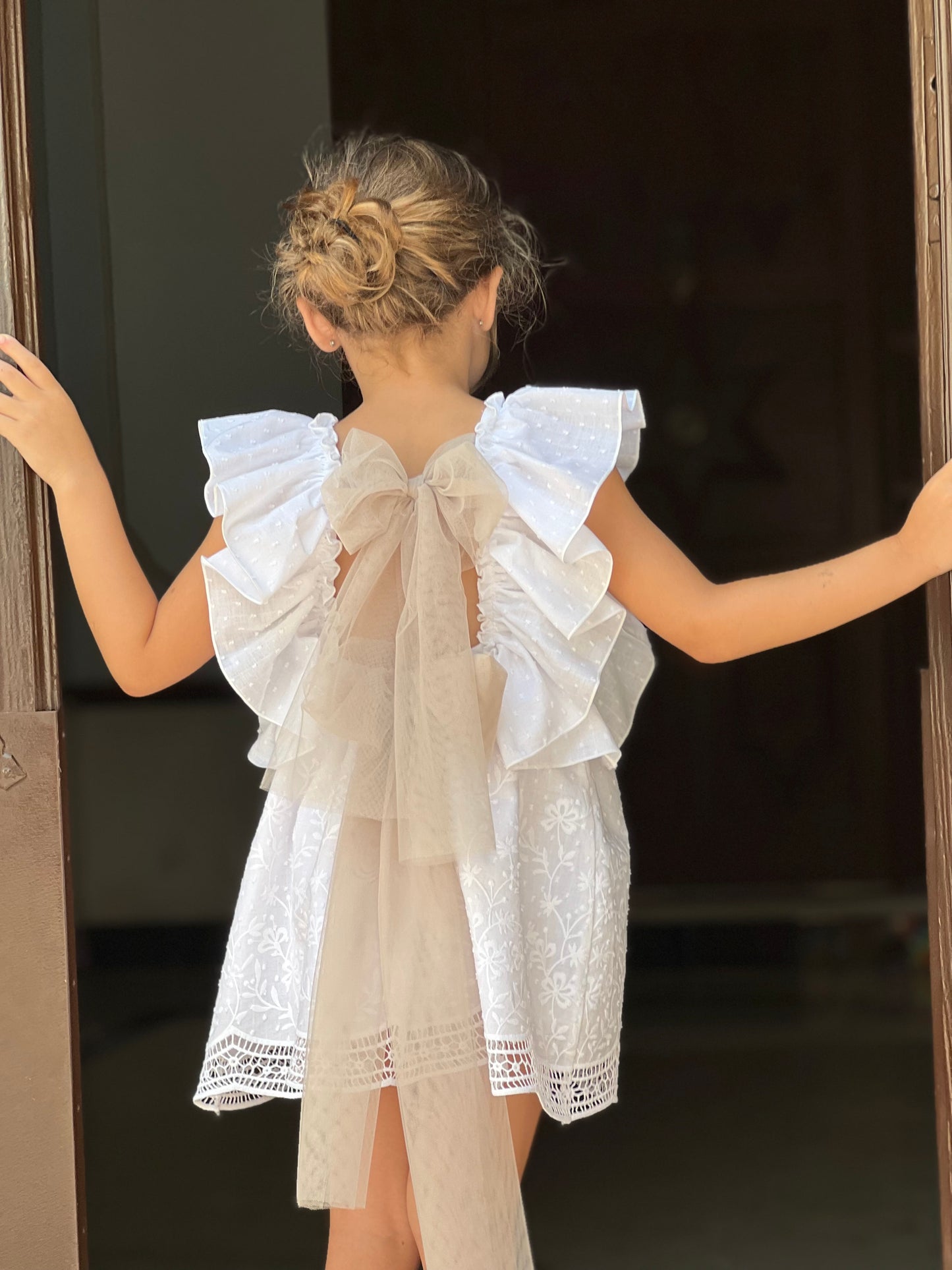Eyelet Sue Camel Bow Dress